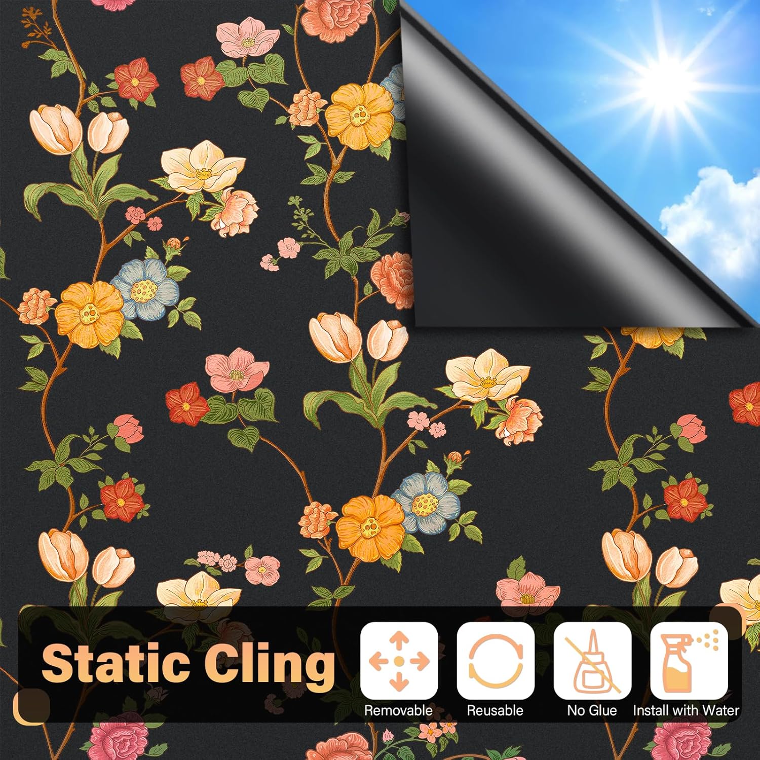 Kromapolis Blackout Window Film, Removable Privacy Window Tint, 100% Light Blcoking Static Cling, Room Darkening Heat Control Black Cover for Daytime Sleep, Bedroom, Babyroom, 35.4 x 78.7 Inches