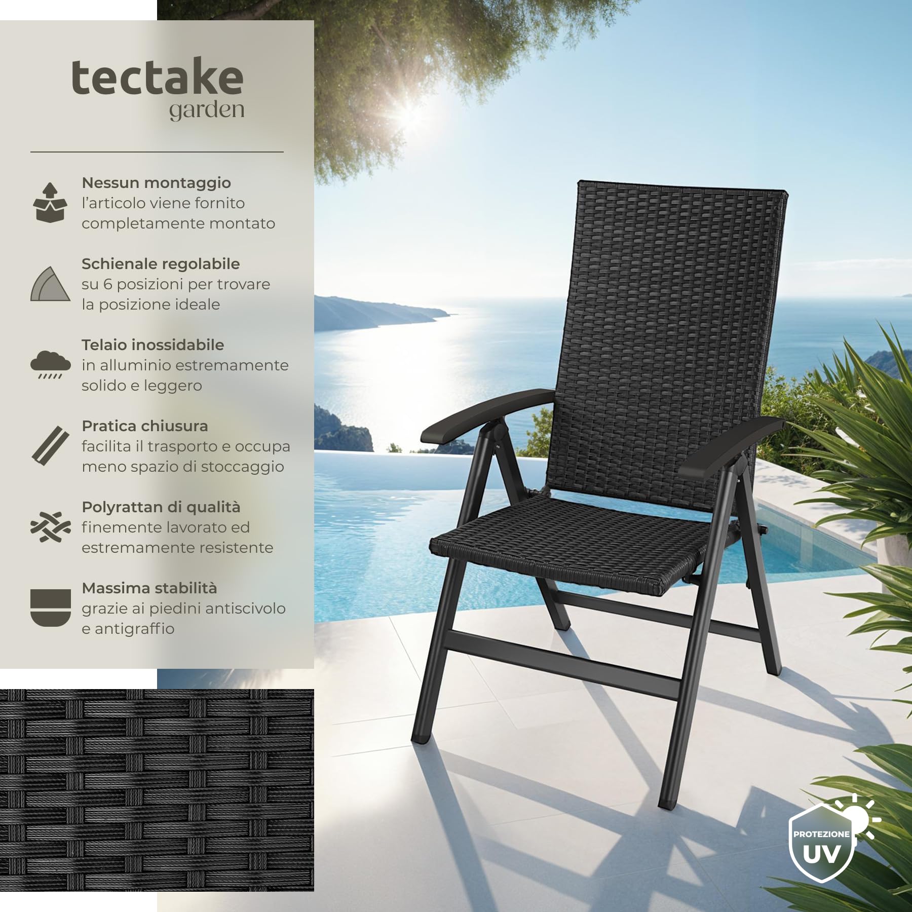 Poltrona da Giardino in Poly Rattan Regolabile Pieghevole Resistente alle Intemperie Carico Max 120 kg Nero
