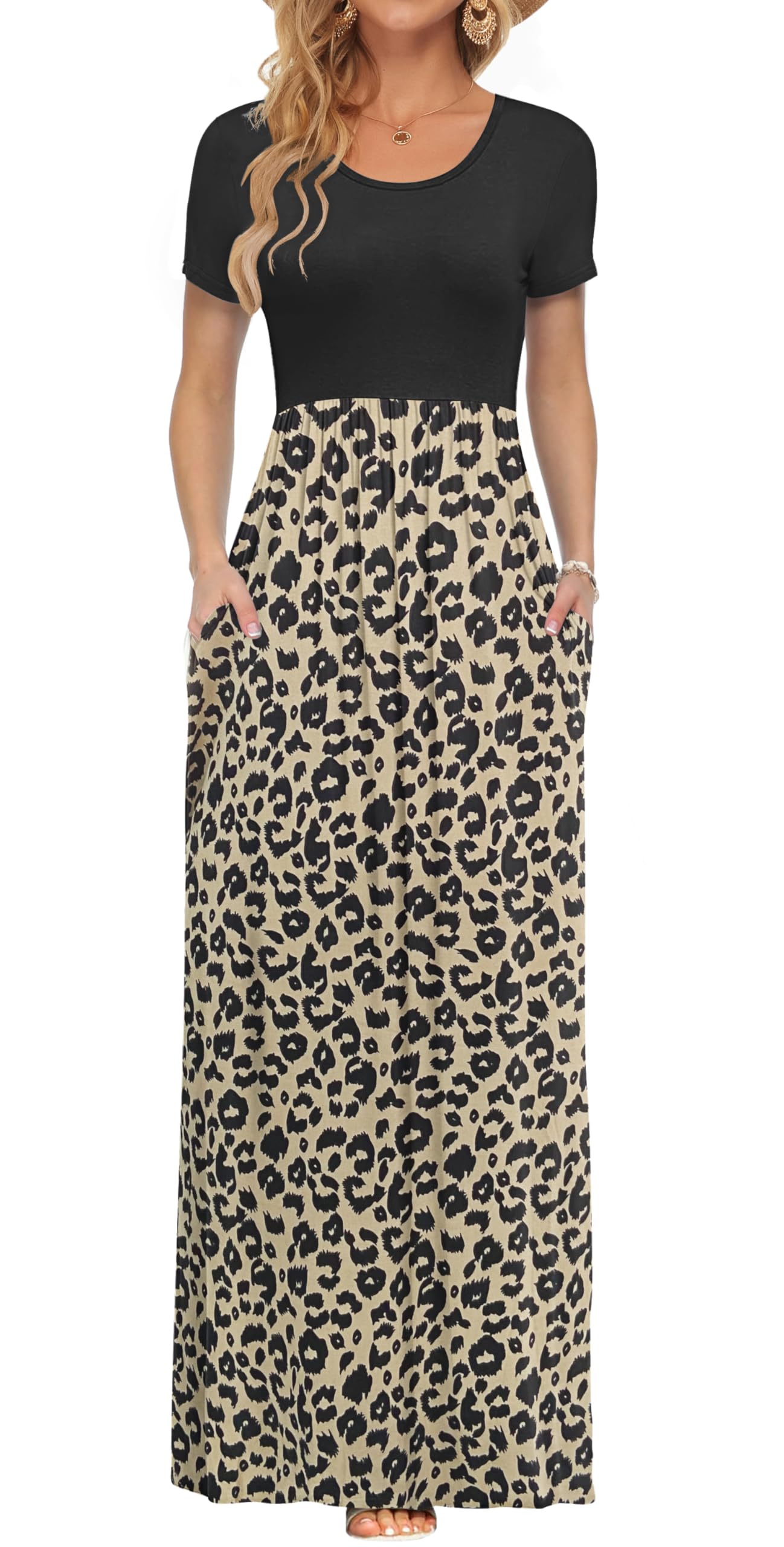 AUSELILY Damen Kurzarm Sommer Casual Long Maxi Kleider mit Taschen