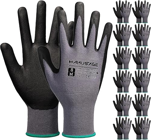 Miniatura 7 de Manusage Guantes de trabajo con revestimiento de nitrilo de microespuma, 12 pares, guantes de nailon de punto sin costuras para hombres y mujeres,