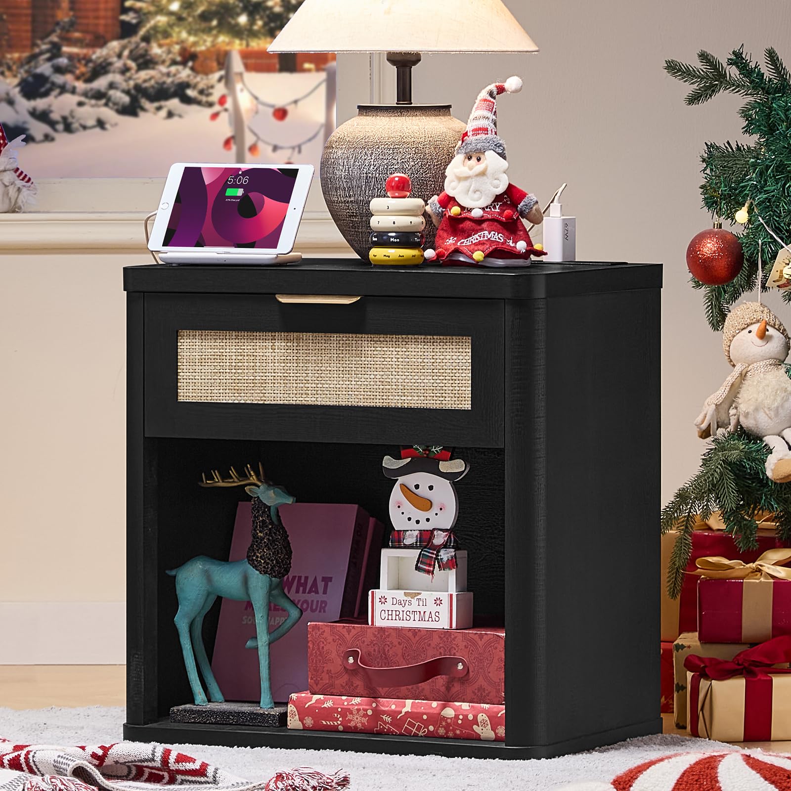 LEYAOYAO Rattan 23" Nightstands with Charger for Bedroom