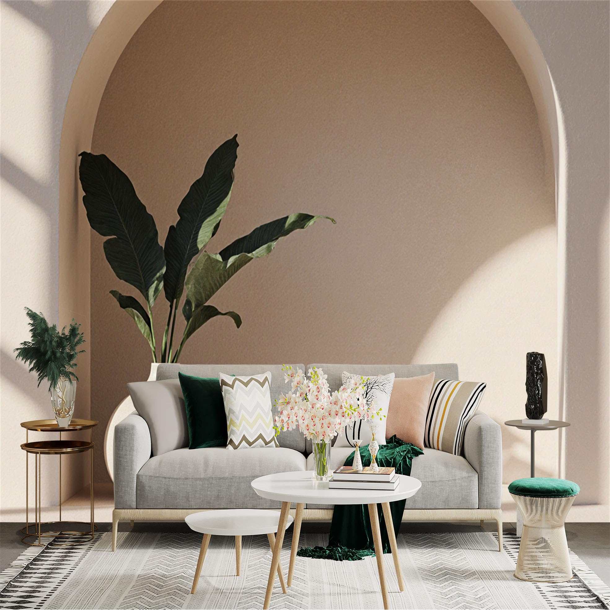 Custom Size Wall Sticker Mural， Minimalist Archway with Ceramic Vase and Tropical Leaves， Warm Toned Aesthetic， for wall Decoration， peelandstick wall Decals.