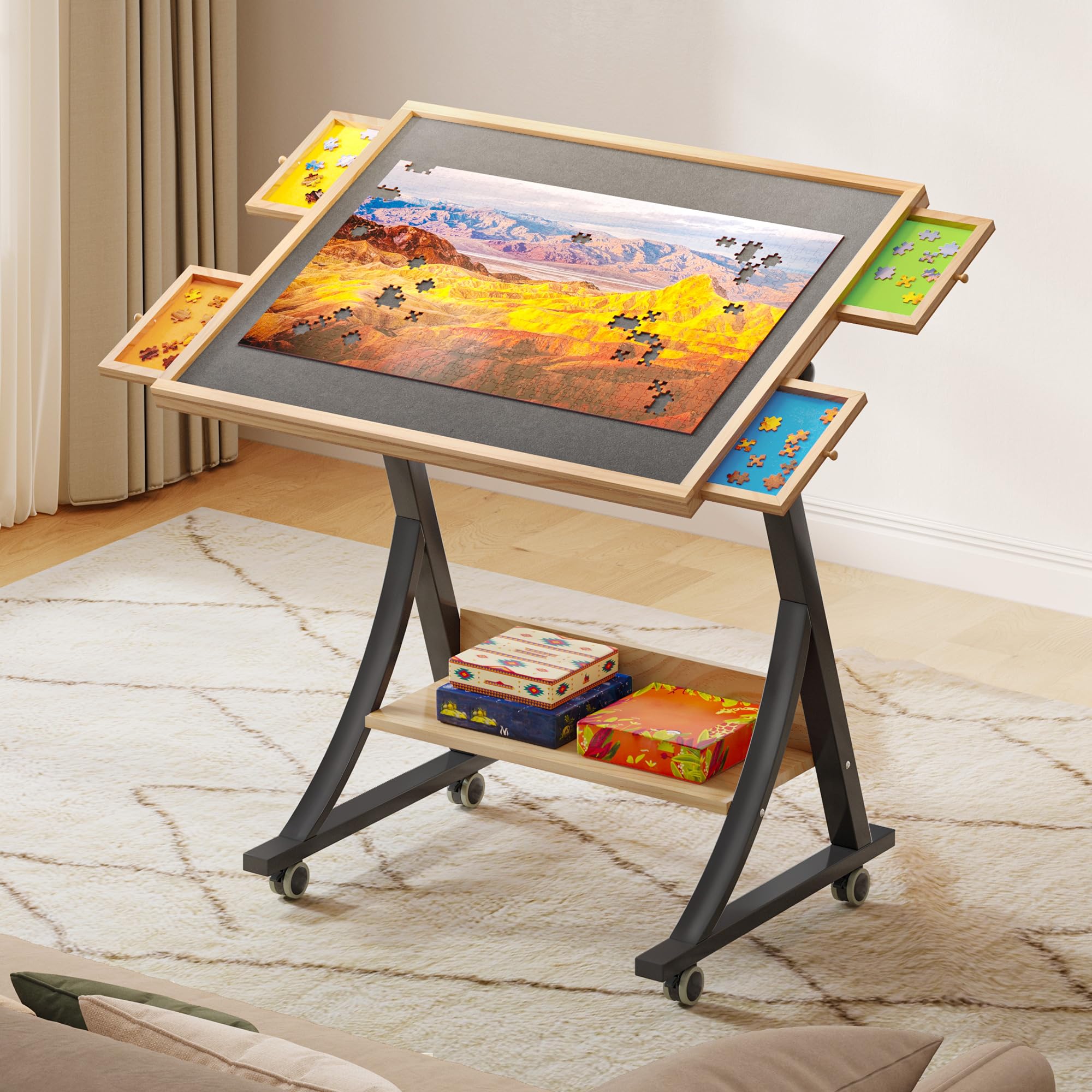 YITAHOME 1500 Stück Puzzletisch mit 4 Schubladen, Verstellbares Neigbares Puzzlebrett mit Neigungswinkel & Höhenverstellung, Faltbare Tragbare Puzzletische mit Abdeckung & Aufbewahrungsregal, Leicht