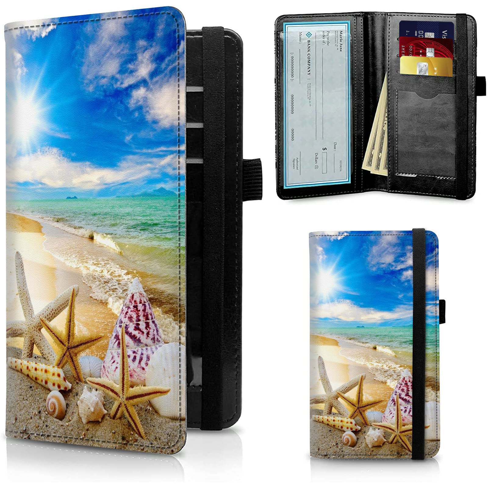 FUYOCWE Leather Checkbook Covers for Men Women Check Book Holder Cover Wallets for Personal Checkbook Duplicate Checks with RFID Blocking &amp; Elastic Strap-Beautiful Beach Seashells