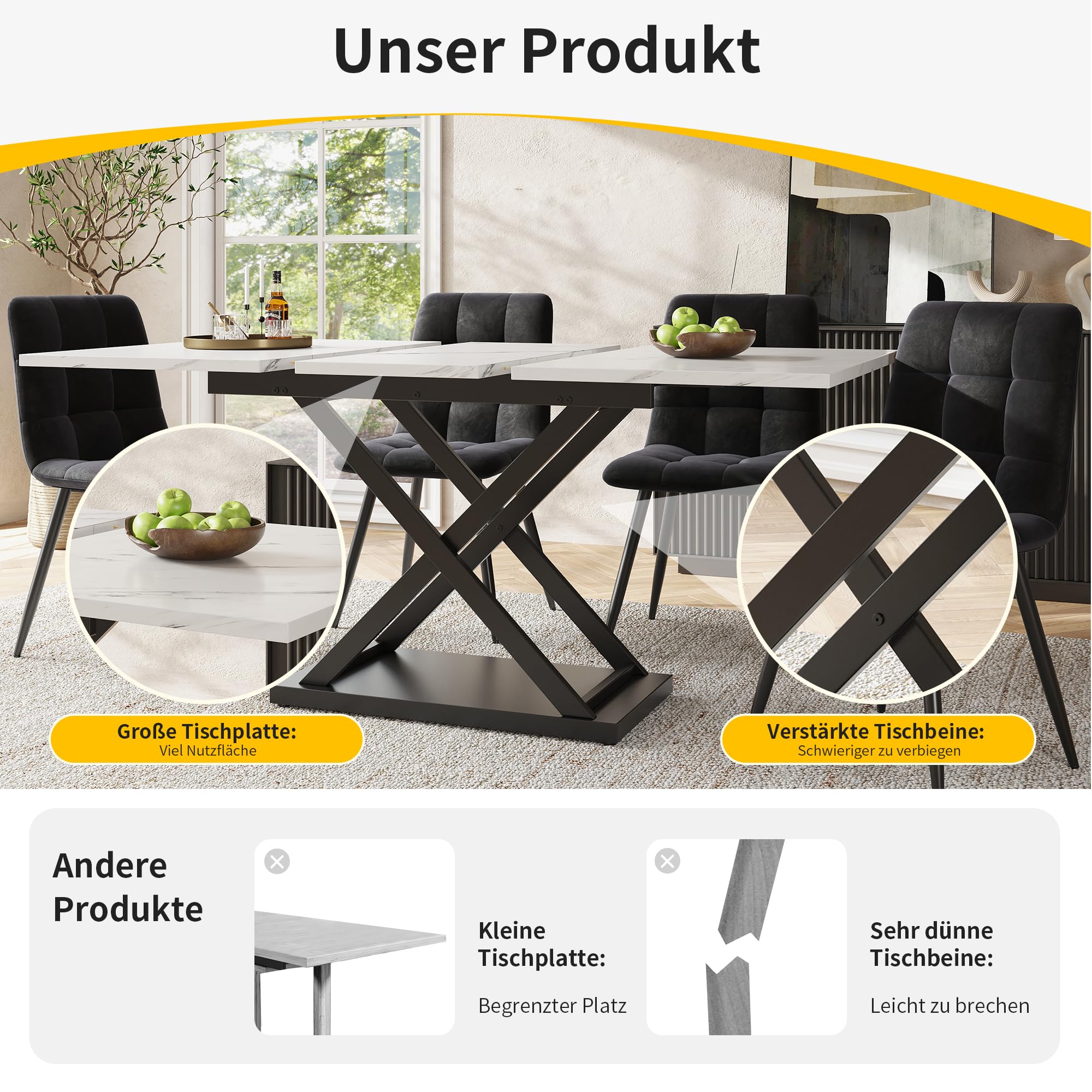 Merax Ausziehbarer Esstisch(120-160×80cm), rechteckiger Marmor Esstisch für 6-8 Personen, für Küche und Wohnzimmer, Marmor