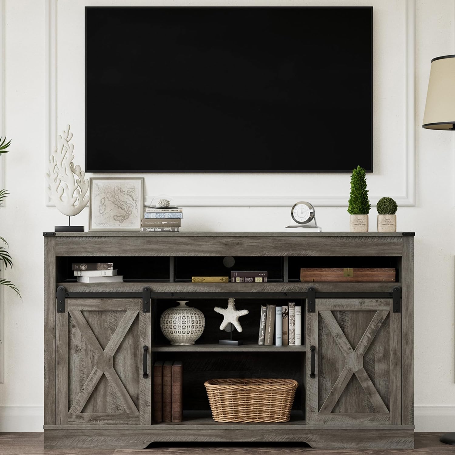 FansaFurn Farmhouse TV Stand for 65+ Inch TV, 34'' Tall Entertainment Center with