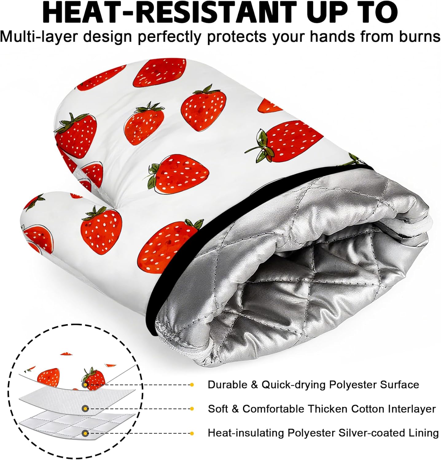 BVBOX Oven Mitts and Potholders Set of 4 Heat Resistant Oven Gloves and Pot Holders with Non-Slip Silicone Surface for Kitchen Cooking Baking Grilling (Strawberry, Set of 4)