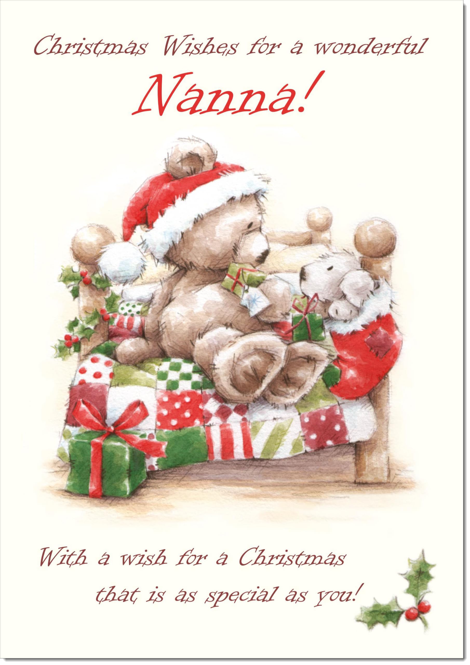 doodlecards Nanna Christmas Card Cute Bear on Bed Large A4 Size Christmas Card for Nanna with Plain Envelope