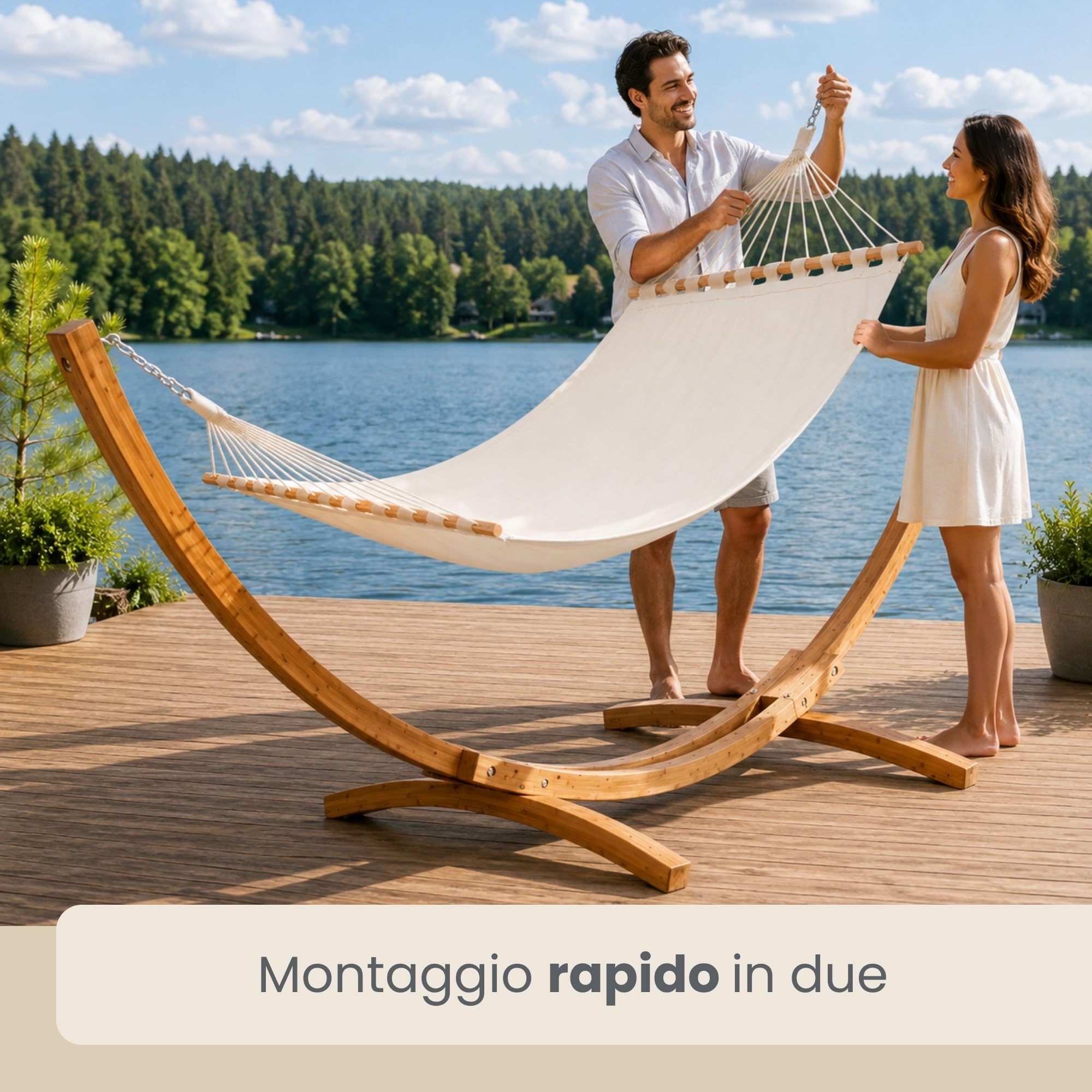 XXL Amaca per Due con Struttura in Legno Naturale Porta Amache Lettino da Sole Beige
