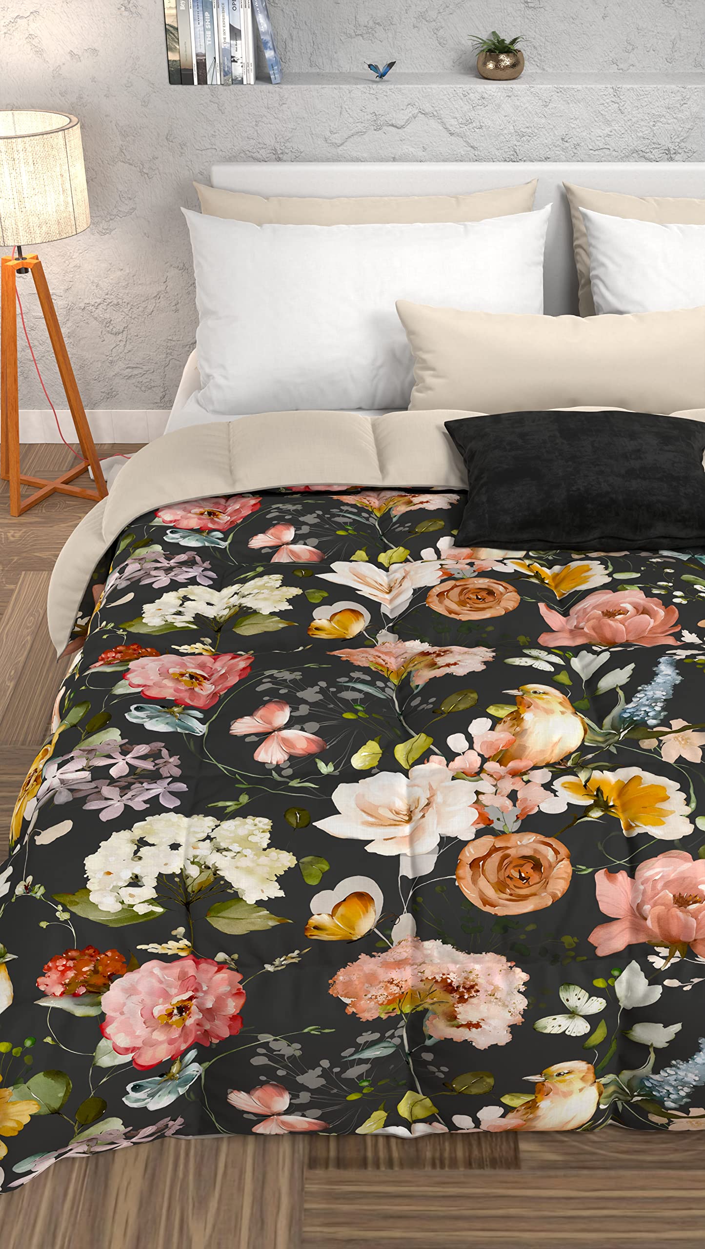 PETTI Artigiani Italiani - Trapunta, Piumone Invernale, Trapunta Invernale, Trapunta Matrimoniale Double Face Tinta Unita e Stampa Digitale Floreale 06 01, 100% Microfibra Anallergica, Made in Italy