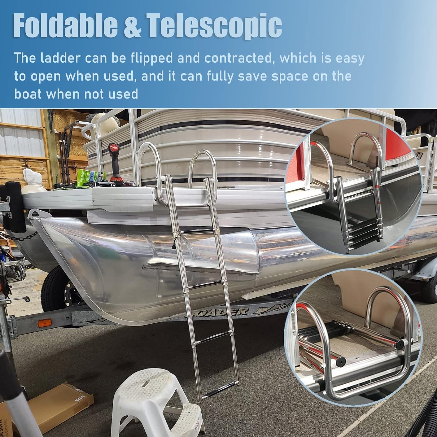 échelle pour Bateau de Bain Piscine Acier Inoxydable Échelle Télescopique Intérieure À 4 Marches, Échelle De Quai avec Mains Courantes, Pliant Échelle pour Bateaux Pontons/Yachts