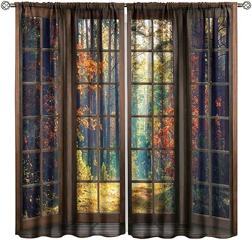 Vista 26 de Cortinas con Vista Natural, Estampado de Patrón de Río y Bosque Hermoso para Ventana, Cortinas Oscuras Aisladas para Dormitorio o Sala de 2 Paneles