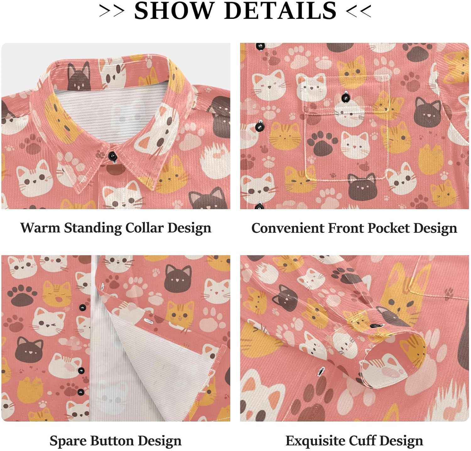 Cats with Cute Cute Paw Adults Unisex Wrinkle Free Rugby Shirts Daily Wear Long Sleeve Work Outfits