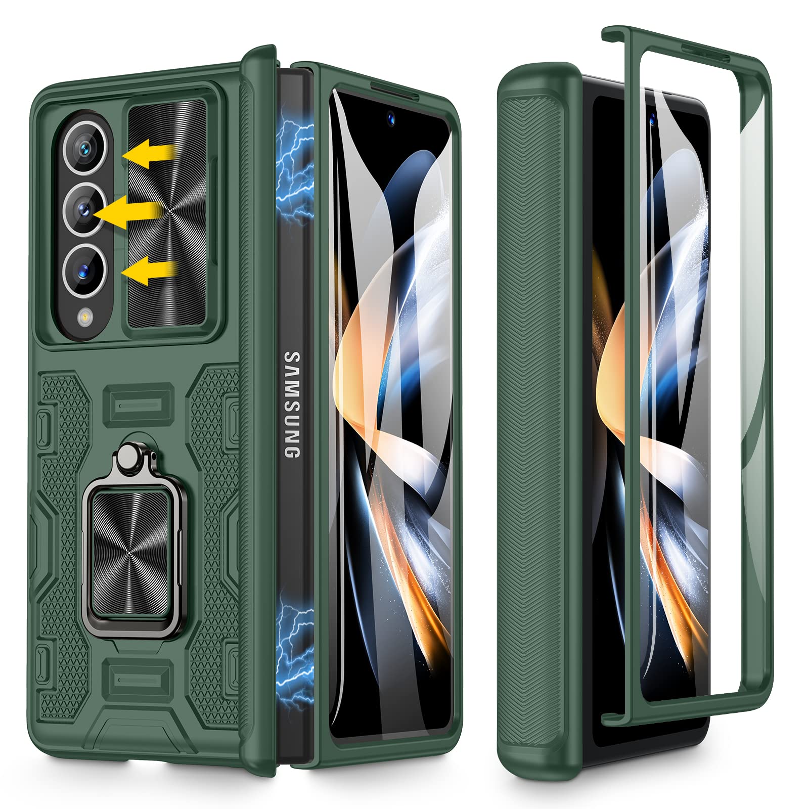 Caka for Galaxy Fold 4 Case [Tempered Glass Screen Protector][Camera Lens Cover Protector] [Hinge Protection] Protective Case for Samsung Galaxy Z Fold 4 - Green