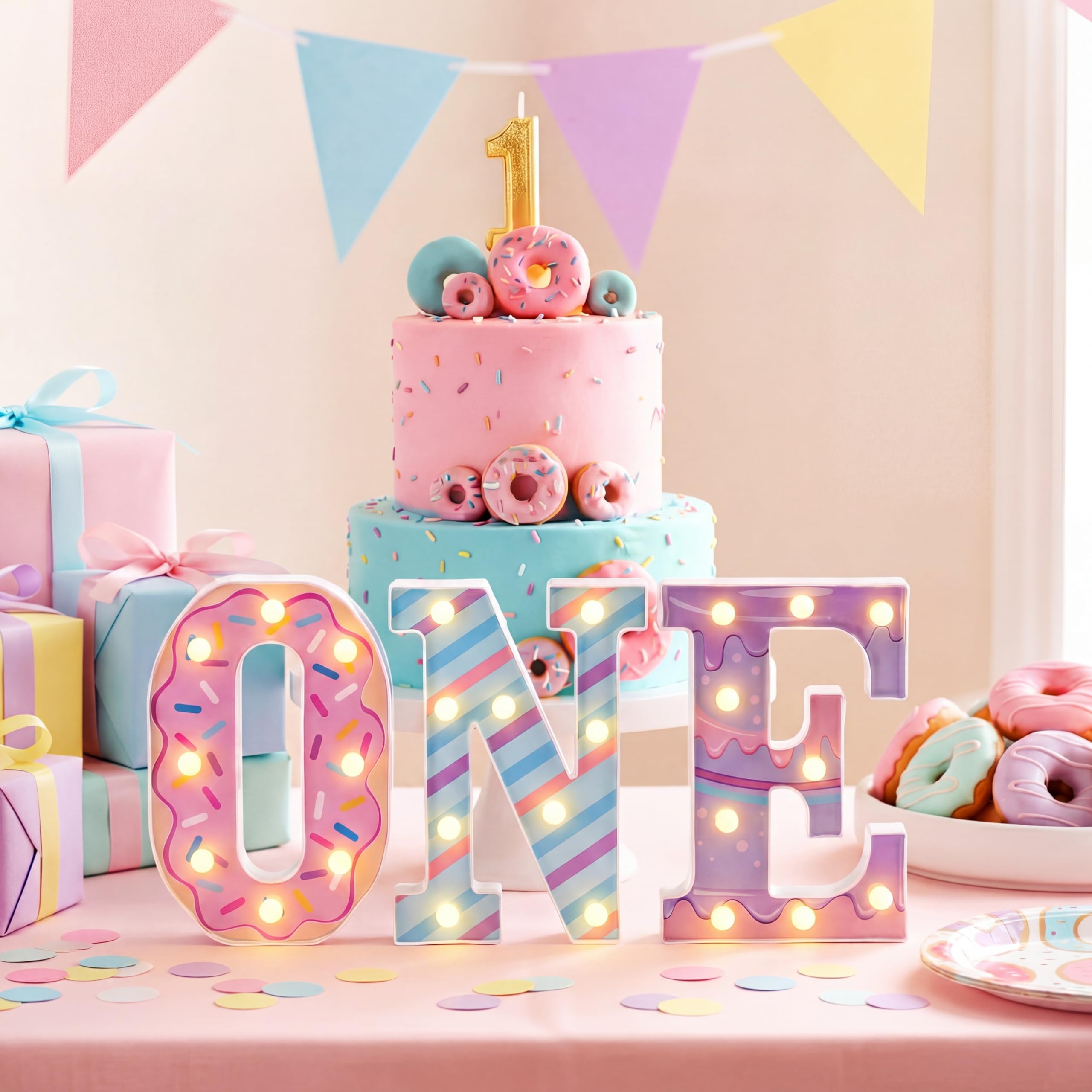 Photo 1 of Lewtemi Sweet One Birthday Party Decorations Pink Donut LED Marquee Letter Lights Sign Light up Letter Numbers for 1 Year Old First Birthday Party Supplies Table Centerpieces Photo Prop Decoration