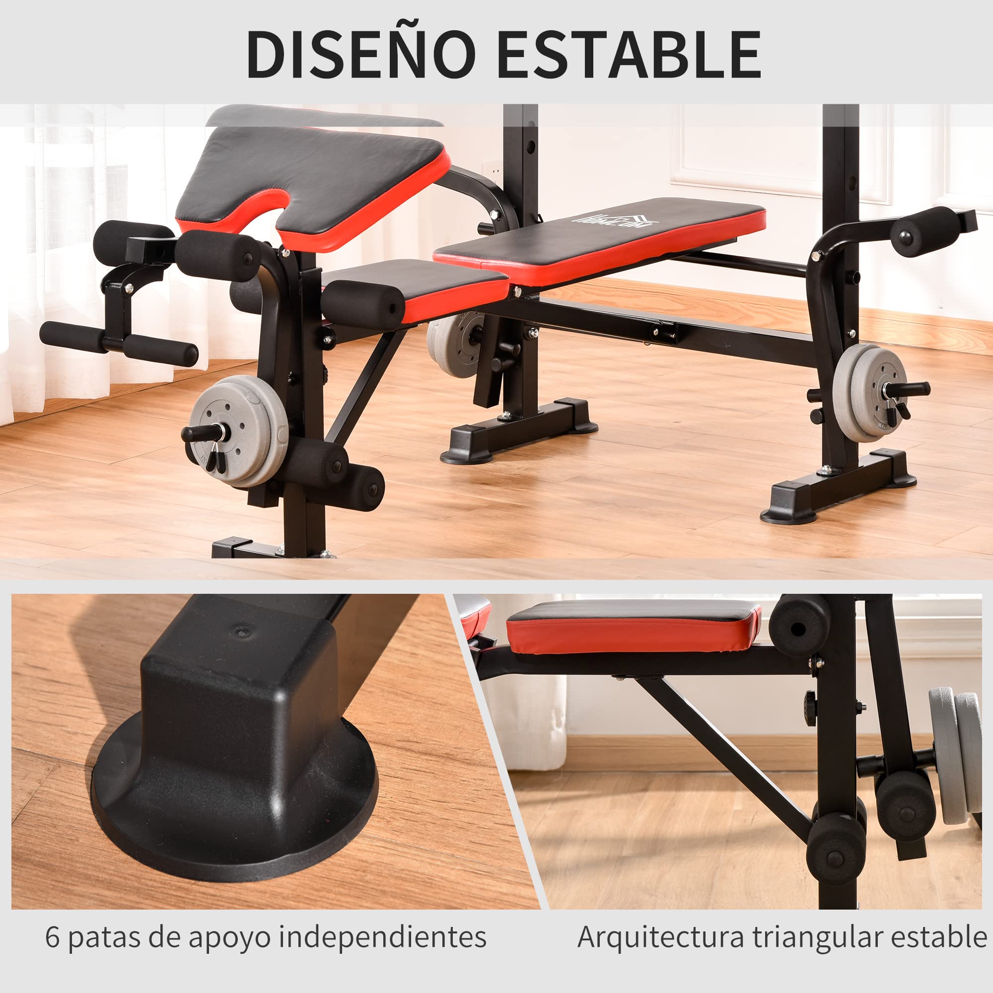 HOMCOM Banco de Pesas Multifuncional Banco de Musculación con Respaldo Ajustable Soporte de Barras Extensión de Piernas Almohadilla de Predicador Mariposa Entrenamiento en Gimnasio Oficina Negro