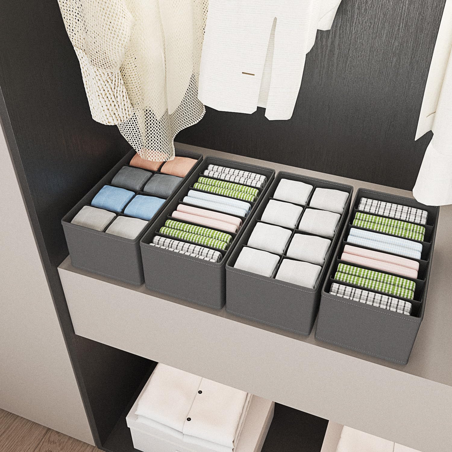 Confezione da 4 divisori pieghevoli per cassetti, per vestiti, calze, biancheria intima, cravatte, cinture, camera da letto