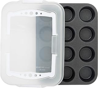 G & S Metal Products Company ProBake Teflon Xtra Nonstick Muffin Baking Pan with Lid with Handles, 12-Cup, Clear