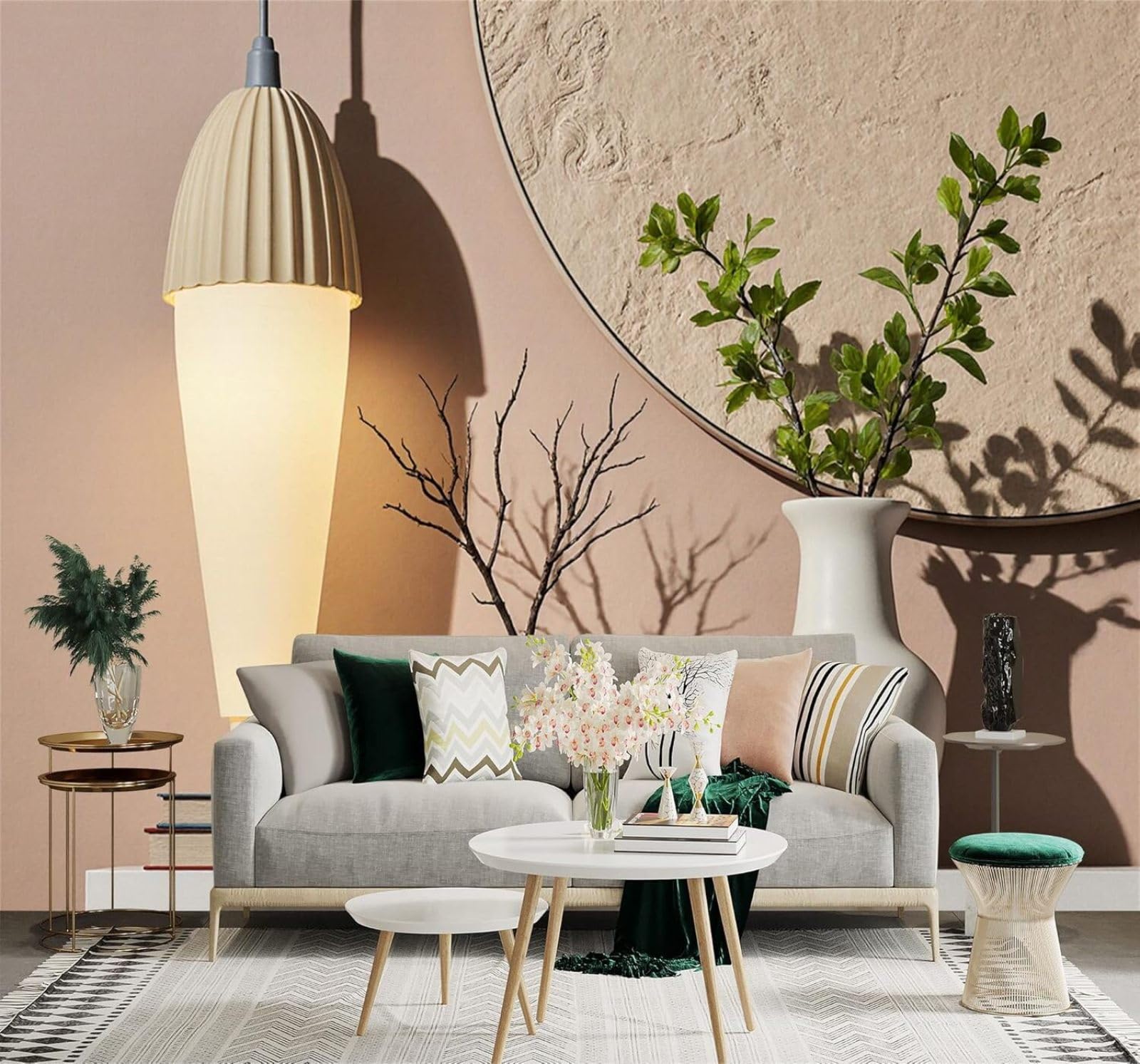 Xlming 150Cm×105Cm(B×H) Minimalist Three Dimensional Ceramic Vase Green Branches Warm Light 3D Wallpaper Silky Texture Home Study Office Grey Dining Room Sofa Bedroom Living Room Tv Backdrop-150Cm×105Cm
