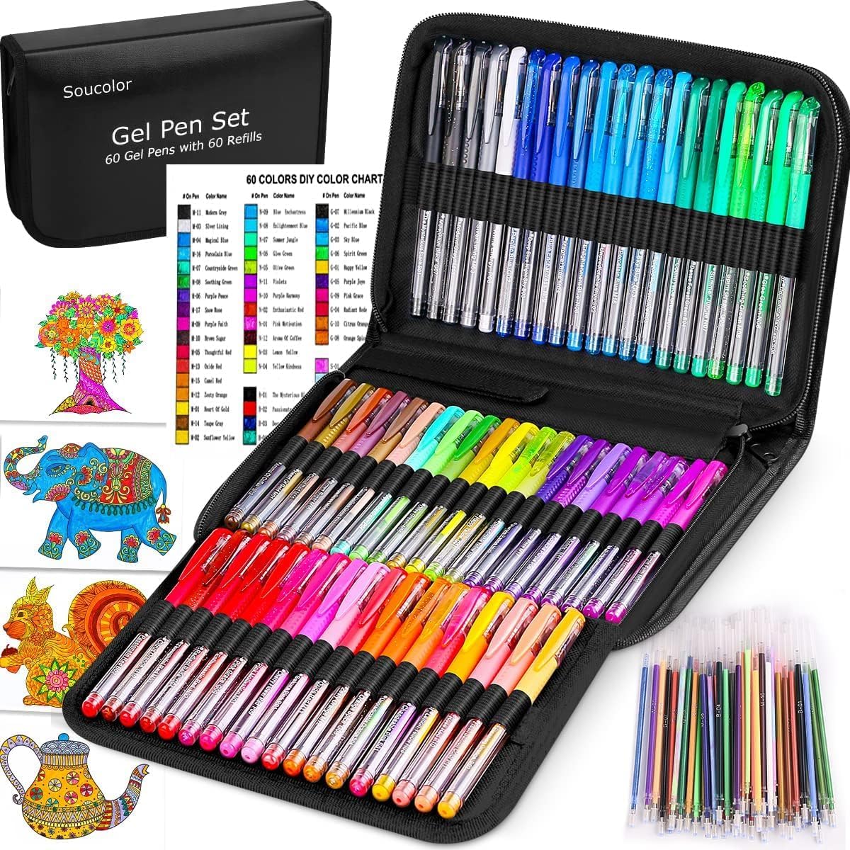 Soucolor Gel Pens for Adult Coloring Books, Deluxe 120 Pack-60 Colored Gel Pens, 60 Refills, with 40% More Ink, Art Markers Set, Black Case for Drawing Journaling Scrapbooking Art Kit Supplies