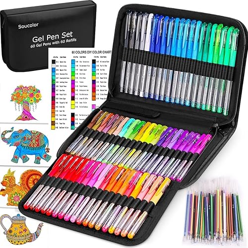 Soucolor Bolígrafos de gel con libros para colorear para adultos paquete de 120 - 60 bolígrafos de gel con 60 recambios y estuche de viaje juego de