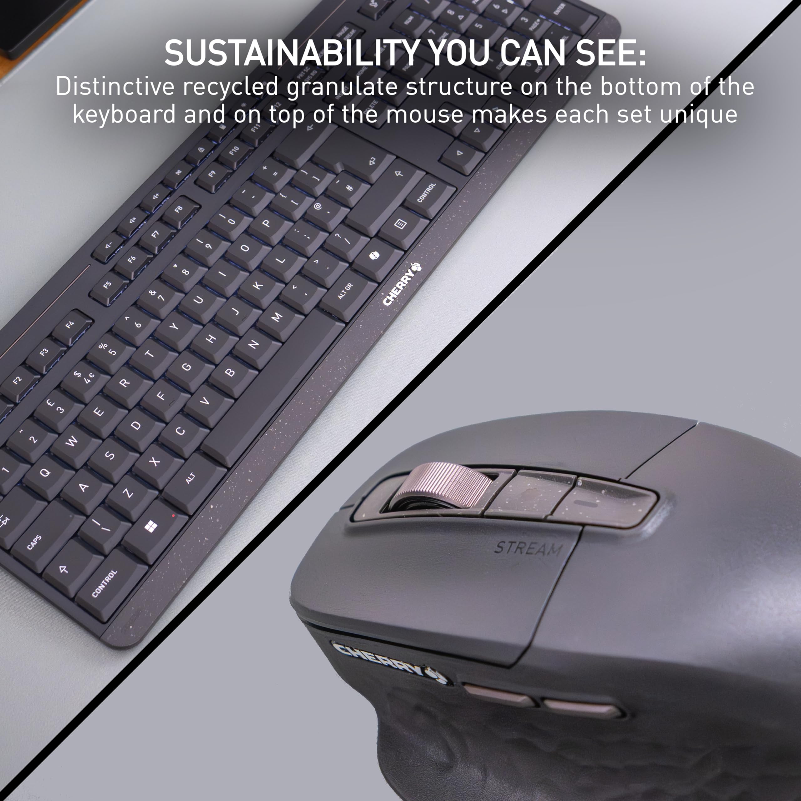 CHERRY STREAM DESKTOP ULTIMATE, Bezprzewodowy Zestaw Klawiatura-Mysz Do Wielu Urządzeń, Układ US (QWERTY), Z Ergonomiczną Myszą, Akumulatorowy, Czarny