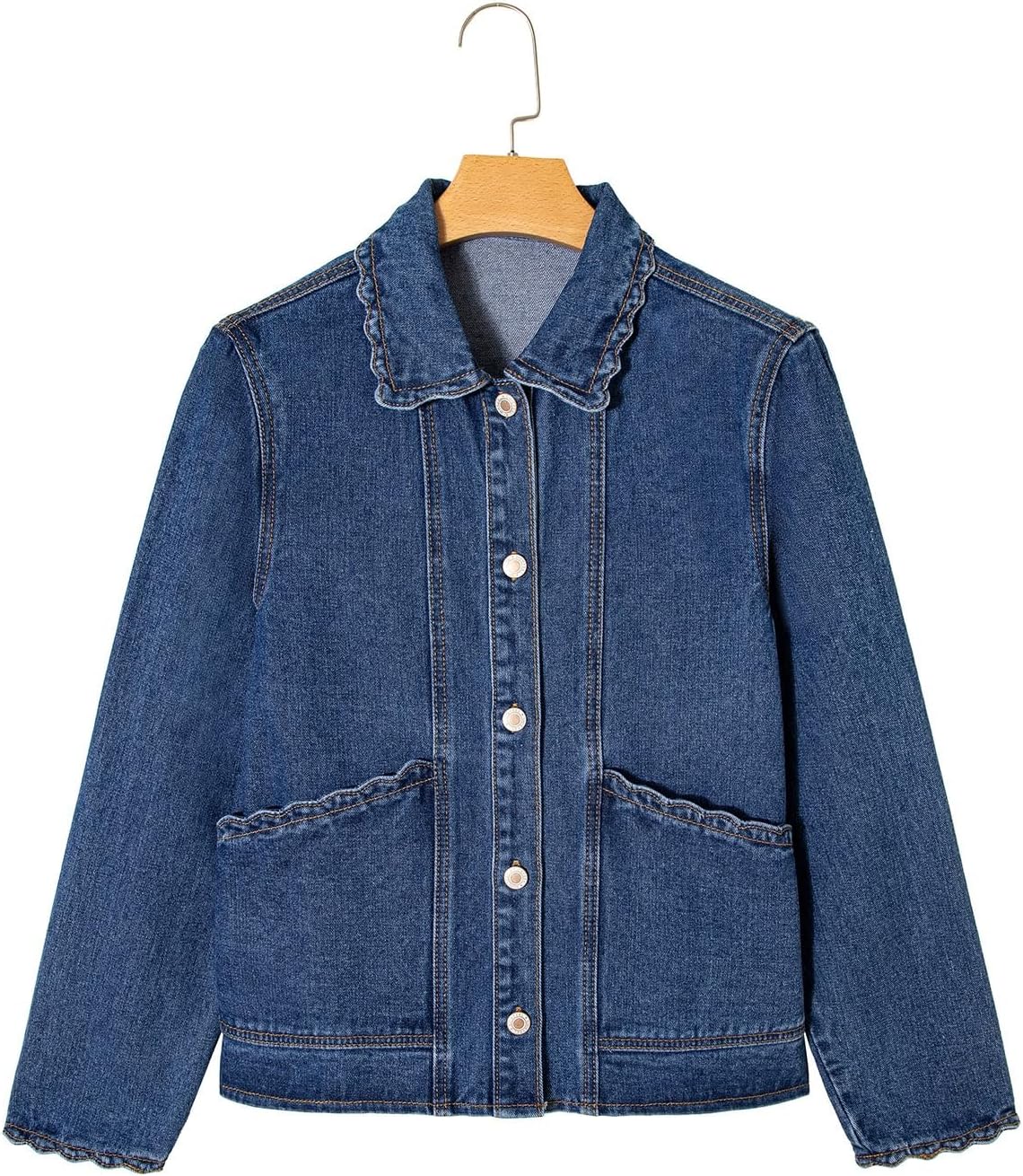 Sidefeel Women's Jean Jacket Long Sleeve Button Down Ruffled Denim Jacket Shacket - Image 8