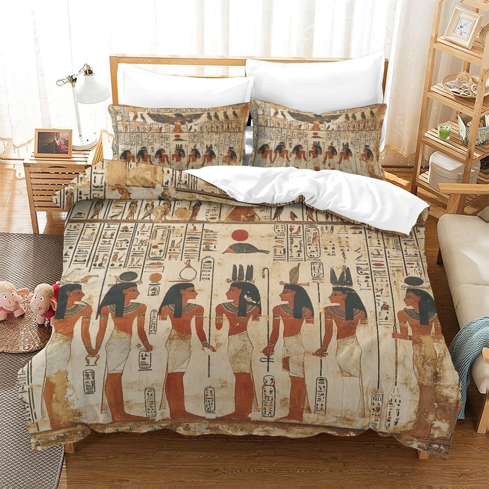 LILIlaobiao Egyptian Mural Pattern Bedding Set King（220x240cm）, Egyptian Deities Duvet Cover Set with Pillowcases, Quilt Cover Set Soft Microfiber Comforter Cover Kids & Adults