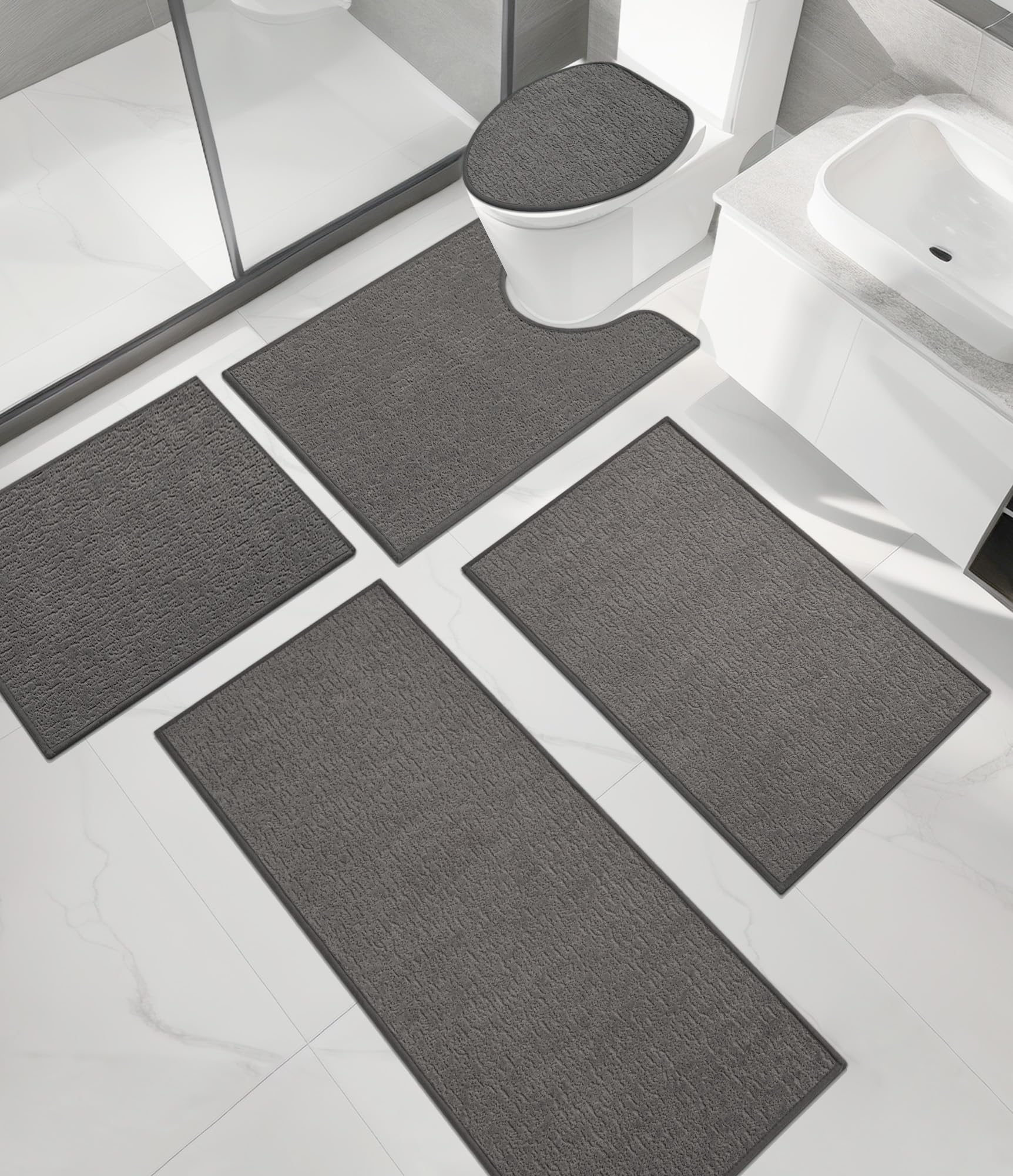 chakme Bathroom Rug Sets 5 Piece, Ultra Thin Bath Mat Quick Dry, Absorbent, Non Slip, Machine Washable, Dark Grey, 5 Piece