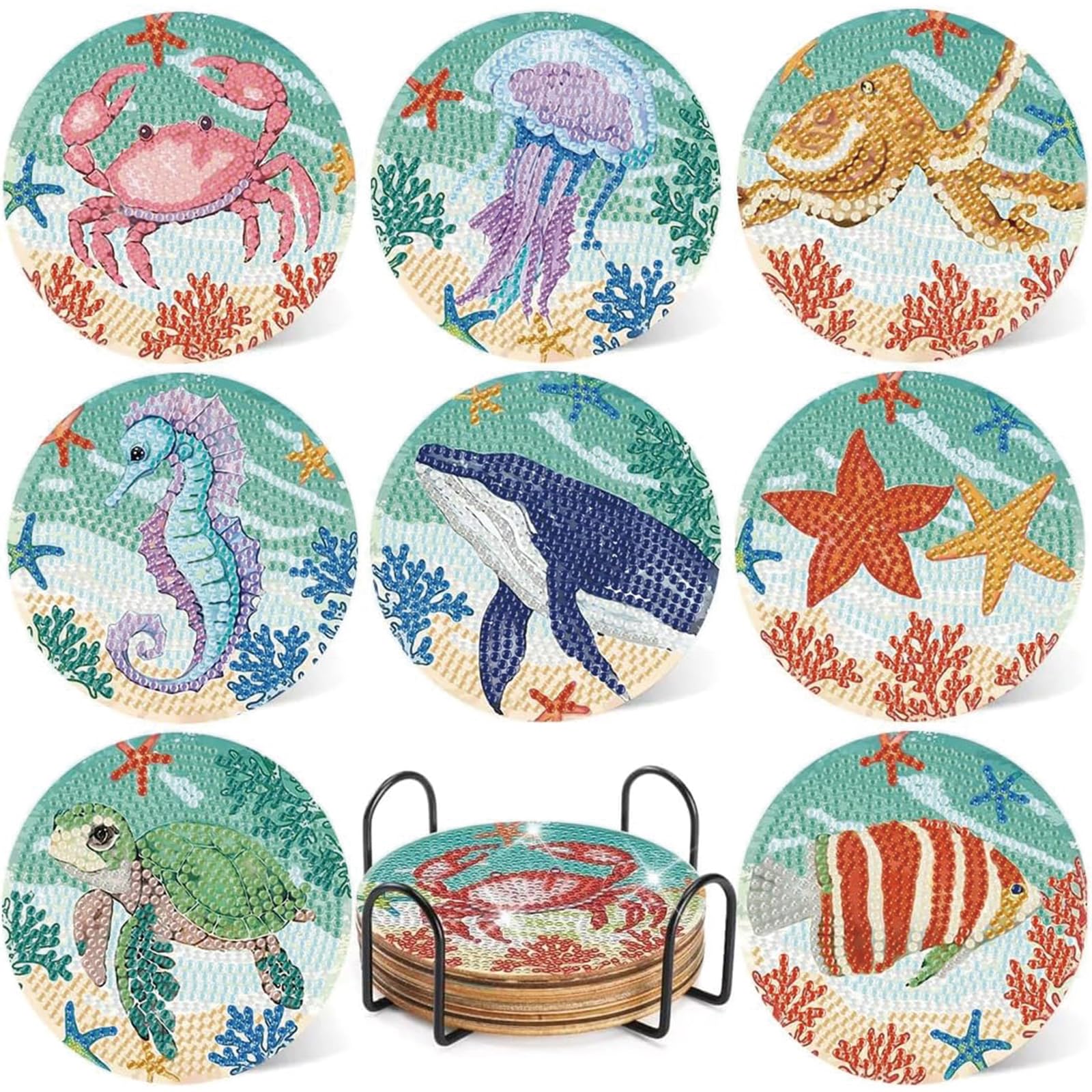 KSAIBINID Diamond Painting Coasters Kit, DIY Diamond Art Coasters with Holder for Adults and Kids, 8PCS Ocean Theme Coaster Set, Creative Crafts for Home Decor and Gift Giving-image-25