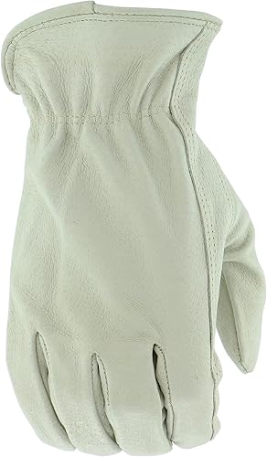 Miniatura 2 de Boss Guantes de trabajo de cuero de cerdo para hombre, resistentes al desgarro, pulgar Keystone, muñeca elástica fruncida, color blanco