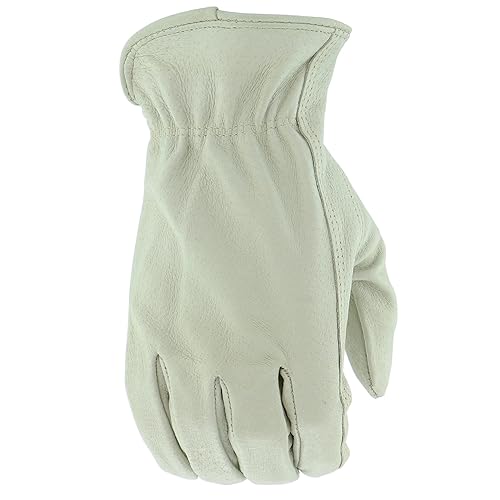Miniatura 2 de BOSS Guantes de trabajo de cuero de cerdo para hombre, resistentes al desgarro, pulgar Keystone, muñeca elástica fruncida, blanco, XL, (B83071-XL)