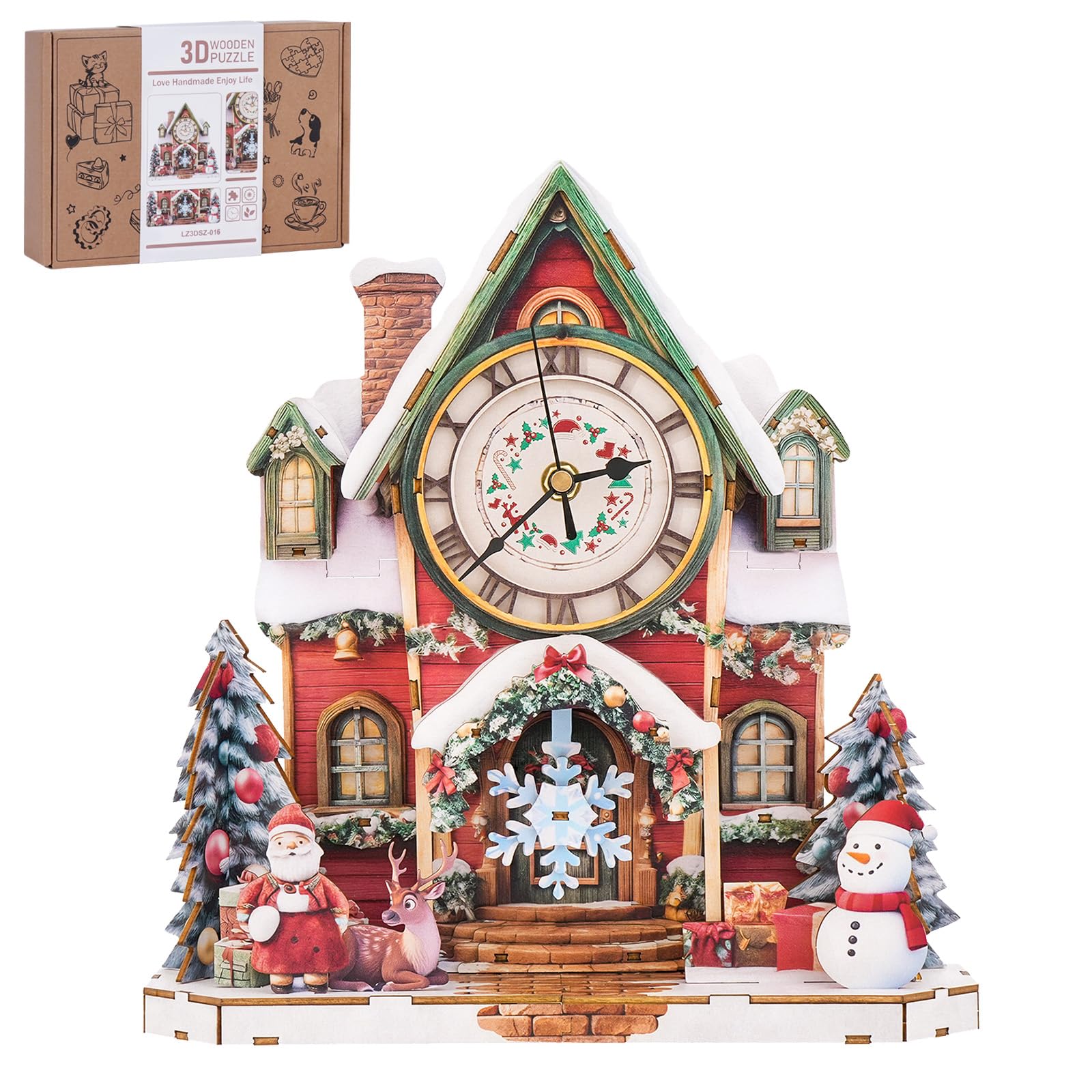 3D Puzzles for Adults-Wooden Christmas House Clock Puzzle DIY Model Kit