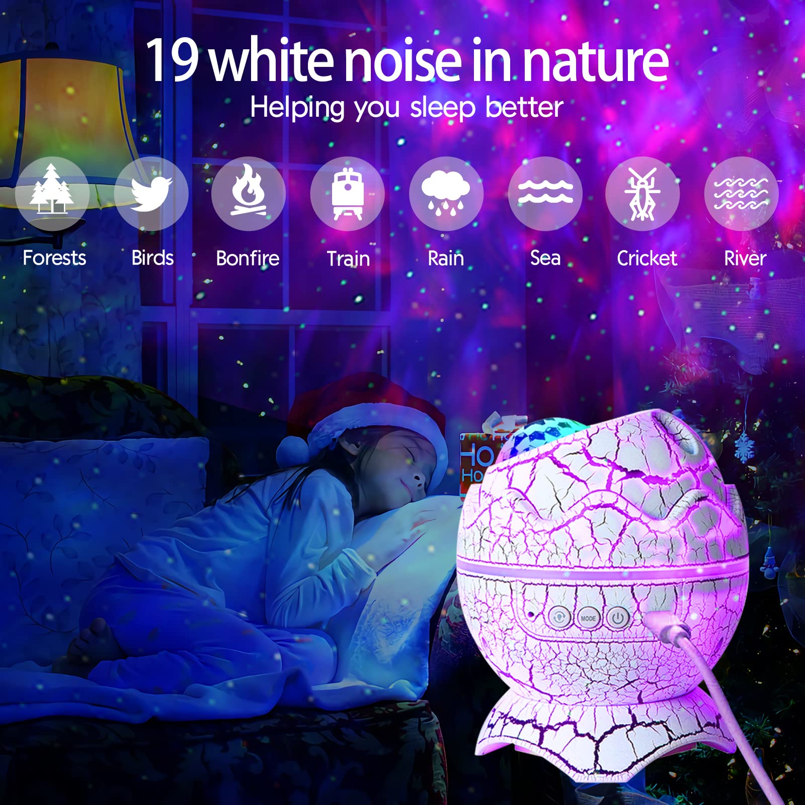 Dinosaur Egg Galaxy Starry Sky Proiettore con Lettore Musicale Wireless, Star Proiettore Luce Notturna con Rumore Bianco, Nebbia, Timer Telecomando, Regalo per Bambini/Adulti Camera da letto