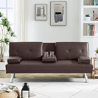 HOOSENG Sofa Bed, Modern Leather Sofa Bed Double, Convertible Folding Sofa Couch with Removable Armrest & 2 Cup Holders, Futon Settee Recliner Sleeper for Living Room Guest Room, 67" Brown