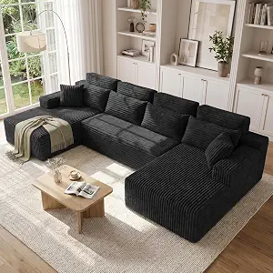 134'' U-Shaped Modular Section Sofa with Chaise, Removable Headrest, No Assembly, Black