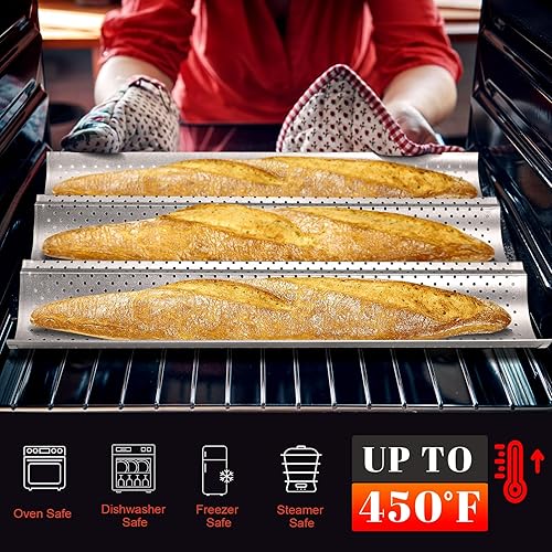 Miniatura 5 de GGC Sartén para pan de baguette, sartén de pan francés de 3 panes con revestimiento antiadherente de grado perforado para hornear panes crujientes