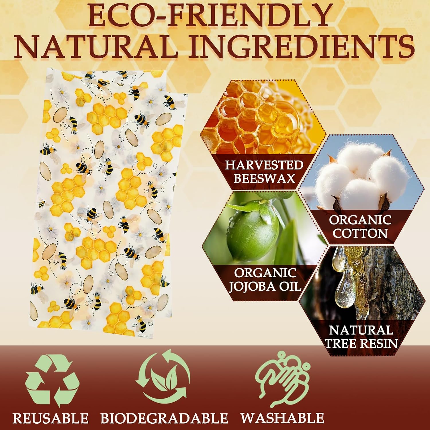 ZUFECY Beeswax Food Wrap, 9-Pack Reusable Food Storage in 3 Sizes (5S/3M/1L), Fruit Pattern, Plastic-Free, for Bread, Cheese, Produce image 2