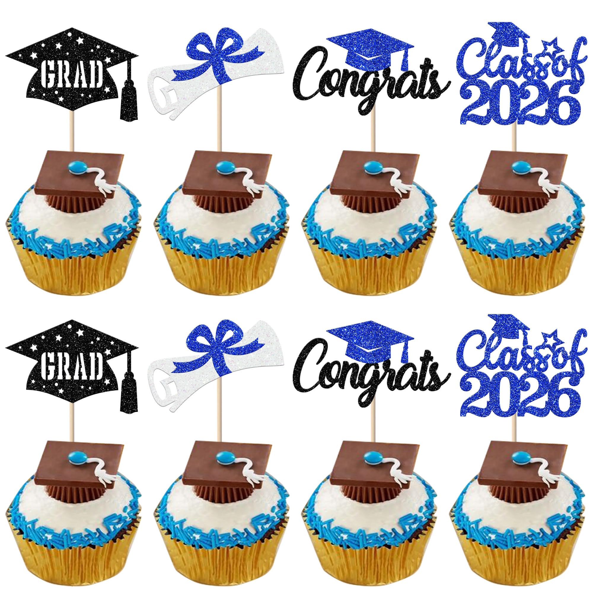 SYKYCTCY 24 Pack Class of 2026 Cupcake Toppers Glitter Diploma Congrats Grad Cap Cupcake Picks 2026 graduation Cake Decorations for 2026 Graduation Theme Party Supplies Black Blue — image 1