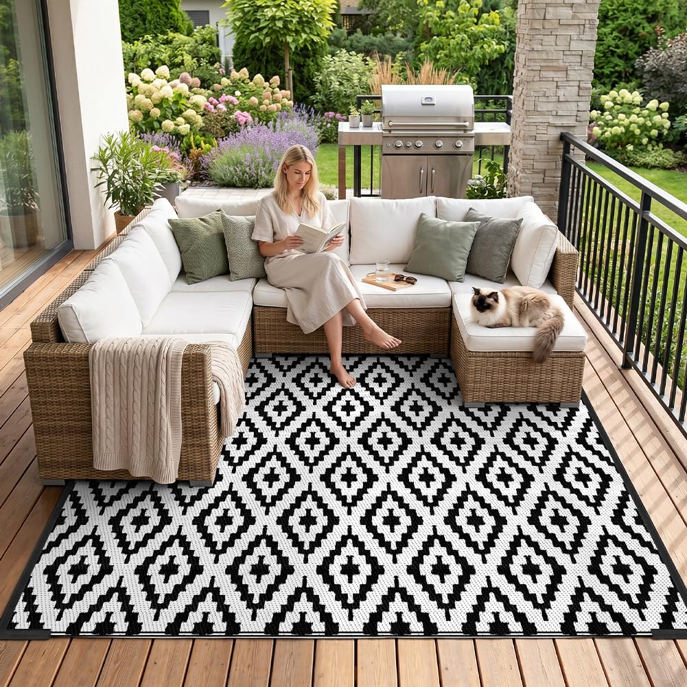 AUAUY Outdoor Rug, Waterproof Reversible Garden Rug, Geometric Pattern, UV-Resistant Plastic Straw Rugs, Lightweight Foldable Carpet for Backyard, Picnic, Beach, Camping, Balcony (Black, 120x180cm) — image 1
