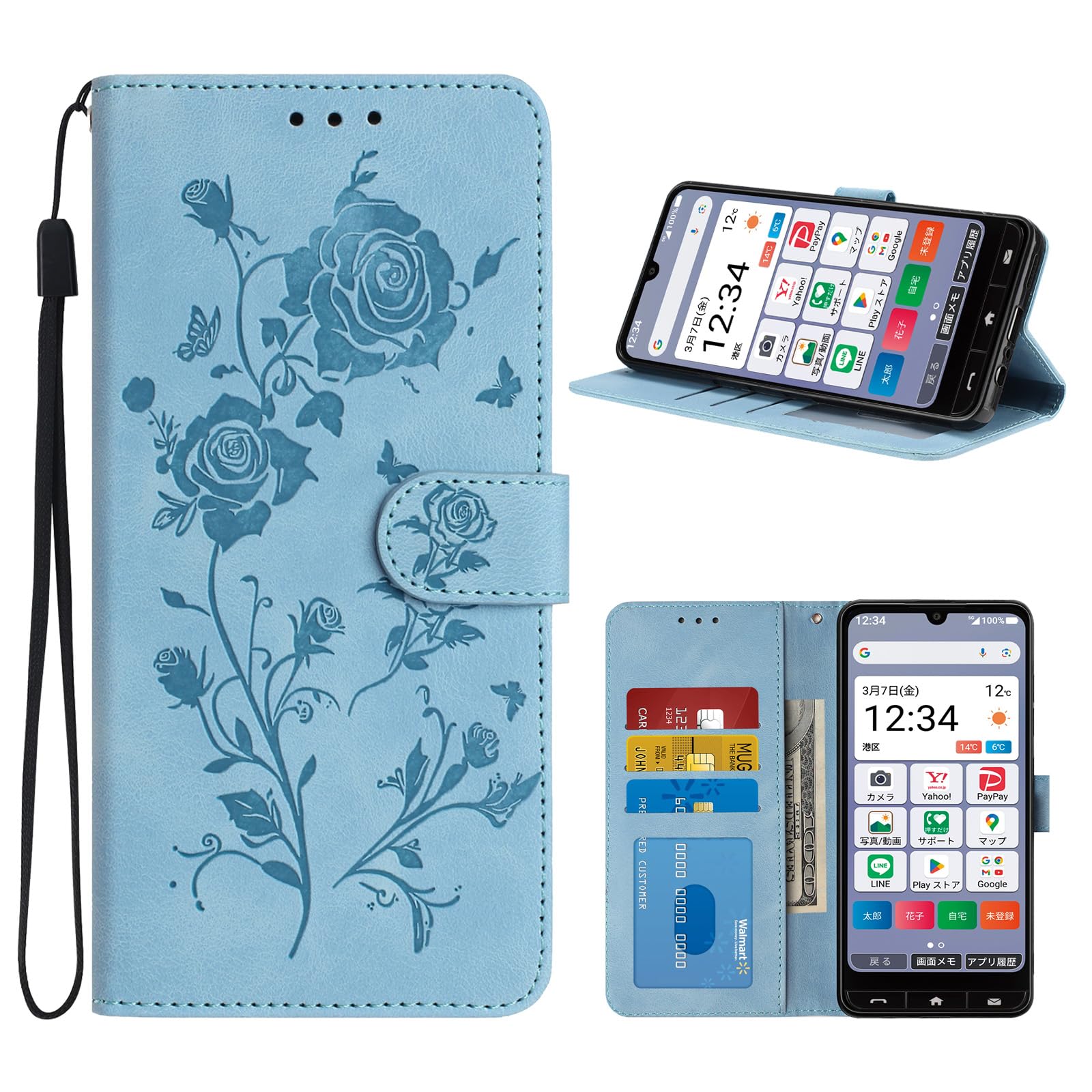 TOO&SOO 対応 かんたんスマホ4a402zt ケース 手帳型 かんたんスマホ4ケース 花柄 女性 かんたんスマホ4 携帯カバー 耐衝撃 財布型 スマホケース a402zt カバー おしゃれ スタンド機能 カード収納 TPU PUレザー 耐摩擦 擦り傷防止 手触りが良い 軽量 花(スカイブルー)