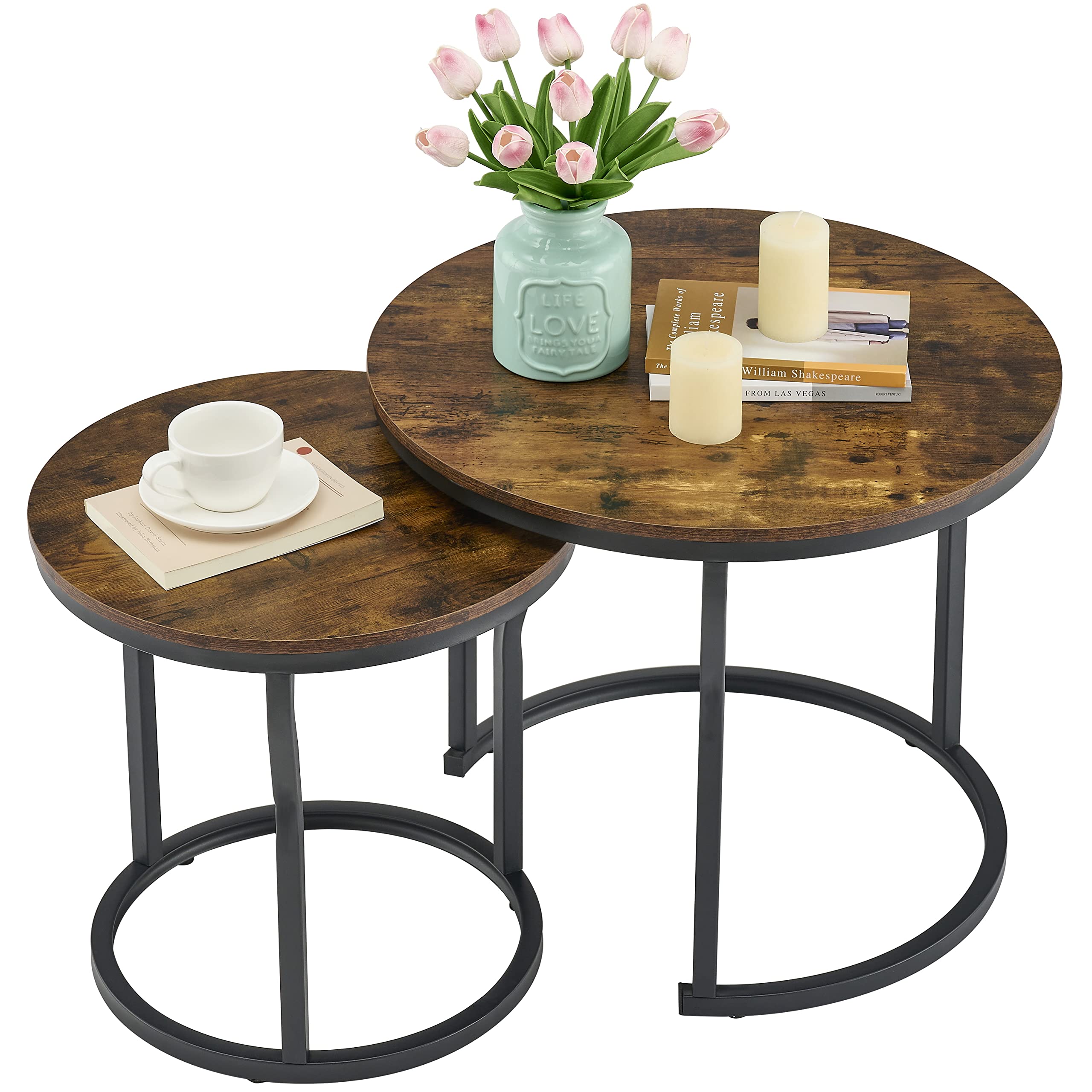 Hoctieon Nesting Coffee Tables, Round Nesting Tables Set of 2, End Tables, Stacking Nesting Tables for Living Room, Circle Coffee Tables, Side Tables Wooden Table Top, Easy Assembly, Rustic Brown