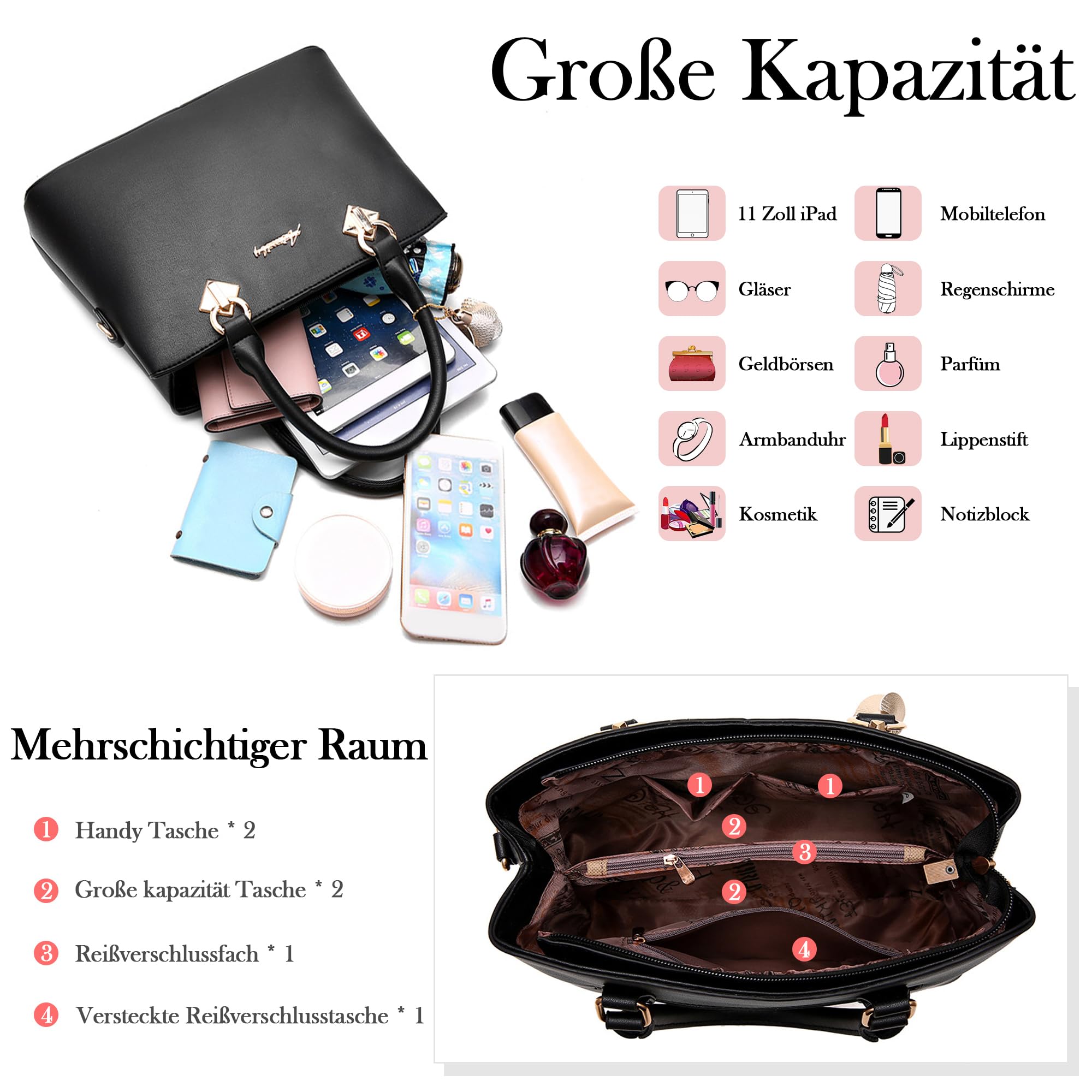 Damen Handtasche Mittelgroß – Elegant & Praktisch mit Abnehmbarem Schulterriemen, Wasserabweisend PU Leder, für Alltag, Arbeit und Shopping (Rosa)