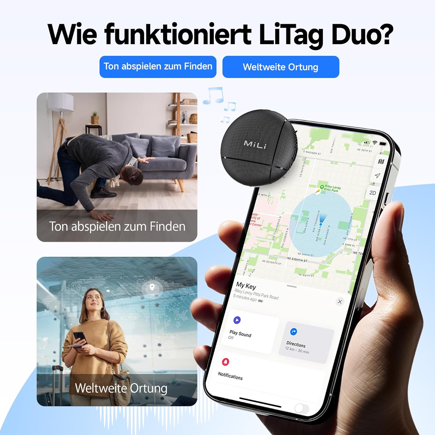 Diagram showing how the MiLi LiTag Duo works, with illustrations of a person searching for an item by sound and a map indicating worldwide location tracking.