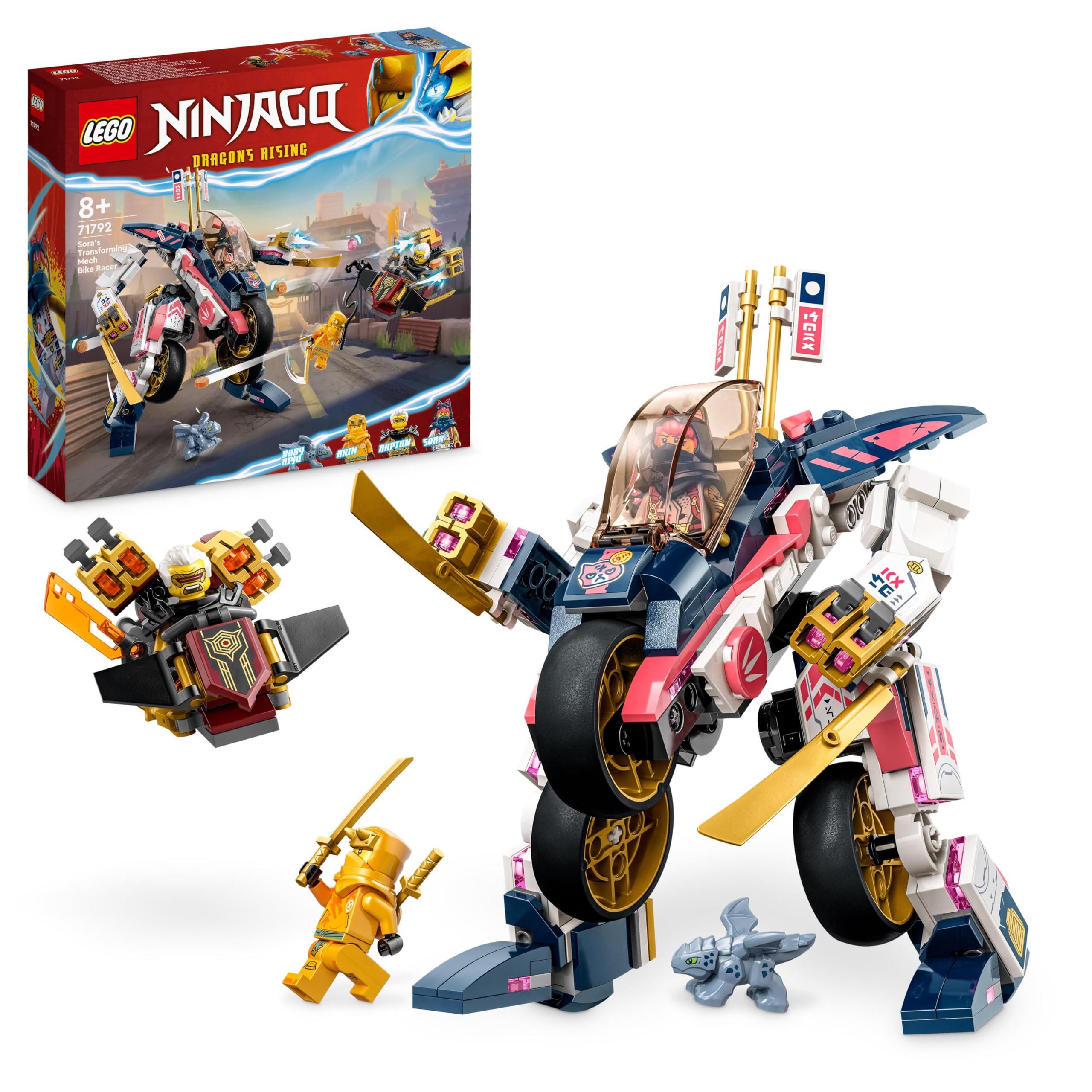 NINJAGO Sora's Transforming Mech Bike Racer, 2in1 Set with Transforming Mech Action Figure to Ninja Motorbike Toy for 8 Plus Year Old Kids, Boys, Girls, Includes 3 Minifigures, Gift Idea 71792
