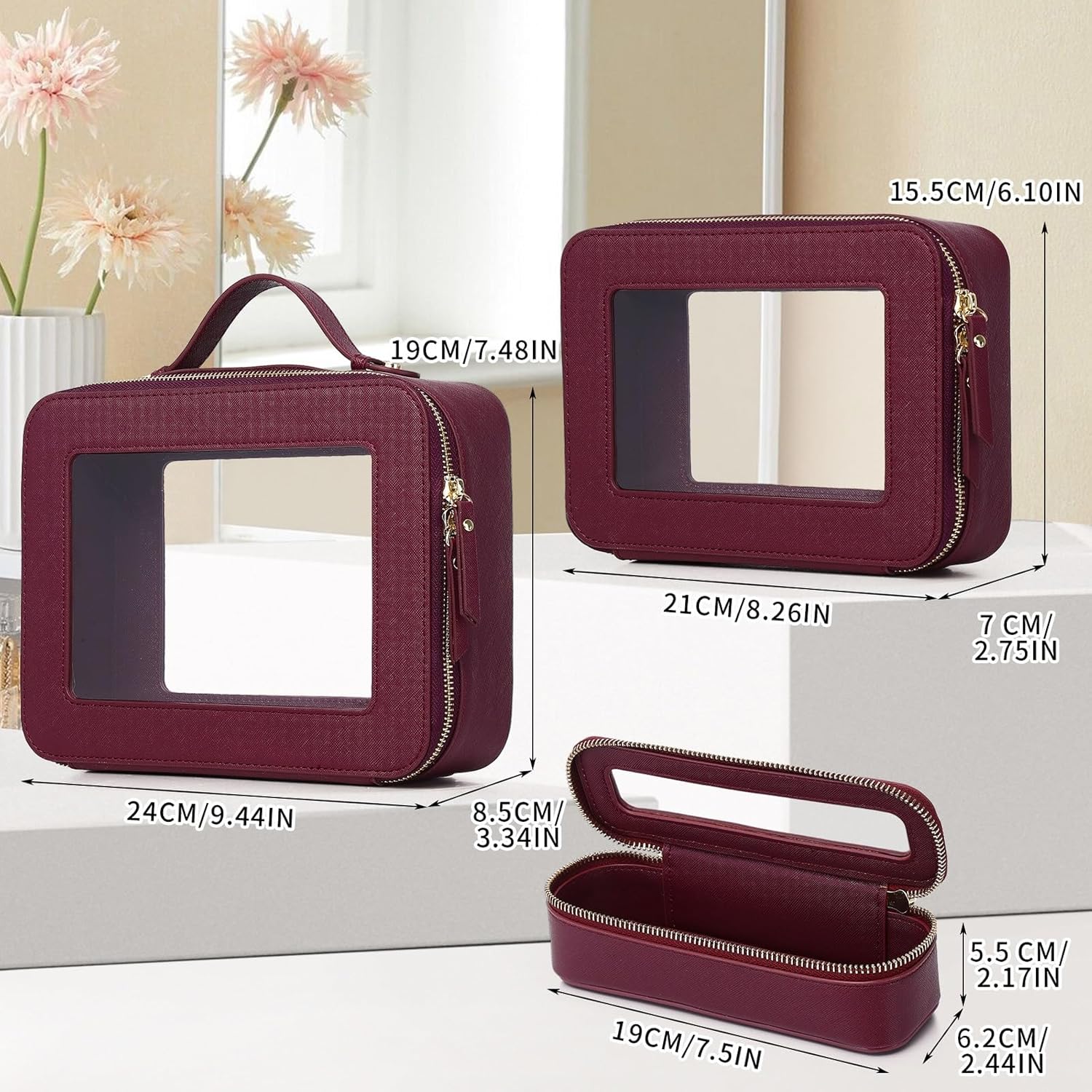 Travel Makeup Set Waterproof Transparent Cosmetic Bag and Toiletry Bag Makeup Brush case with Zipper Car Essentials for Women (Burgundy, L+M+SLIM)