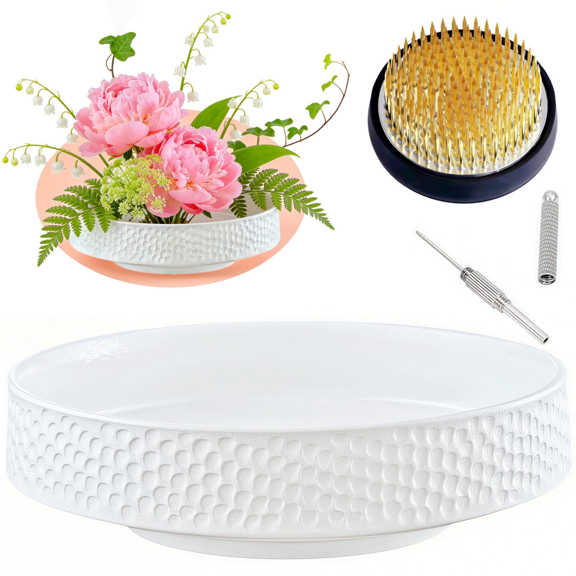 Photo 1 of Japanese Ikebana Kit Floral Frog Japanese Flower Arranging Supplies Flower Container with Needle Straightening Tool & Kenzan - 2.4inch Flower Frog, Bowl Vase (White Hammering Pattern)