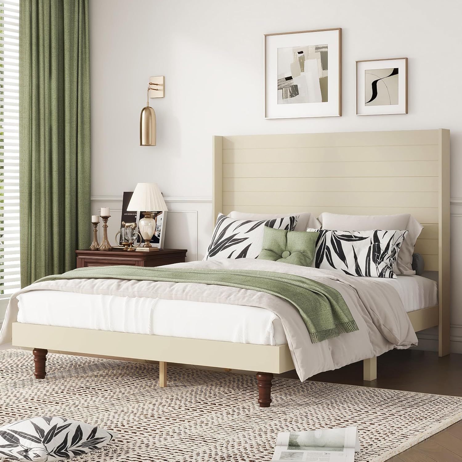 Queen Size Bed Frame with 54-inch high headboard,Wooden Queen Platform Bed with 7.9" Under Bed Storage,Wood Slats Support, Noise Free, No Box Spring Needed,Beige