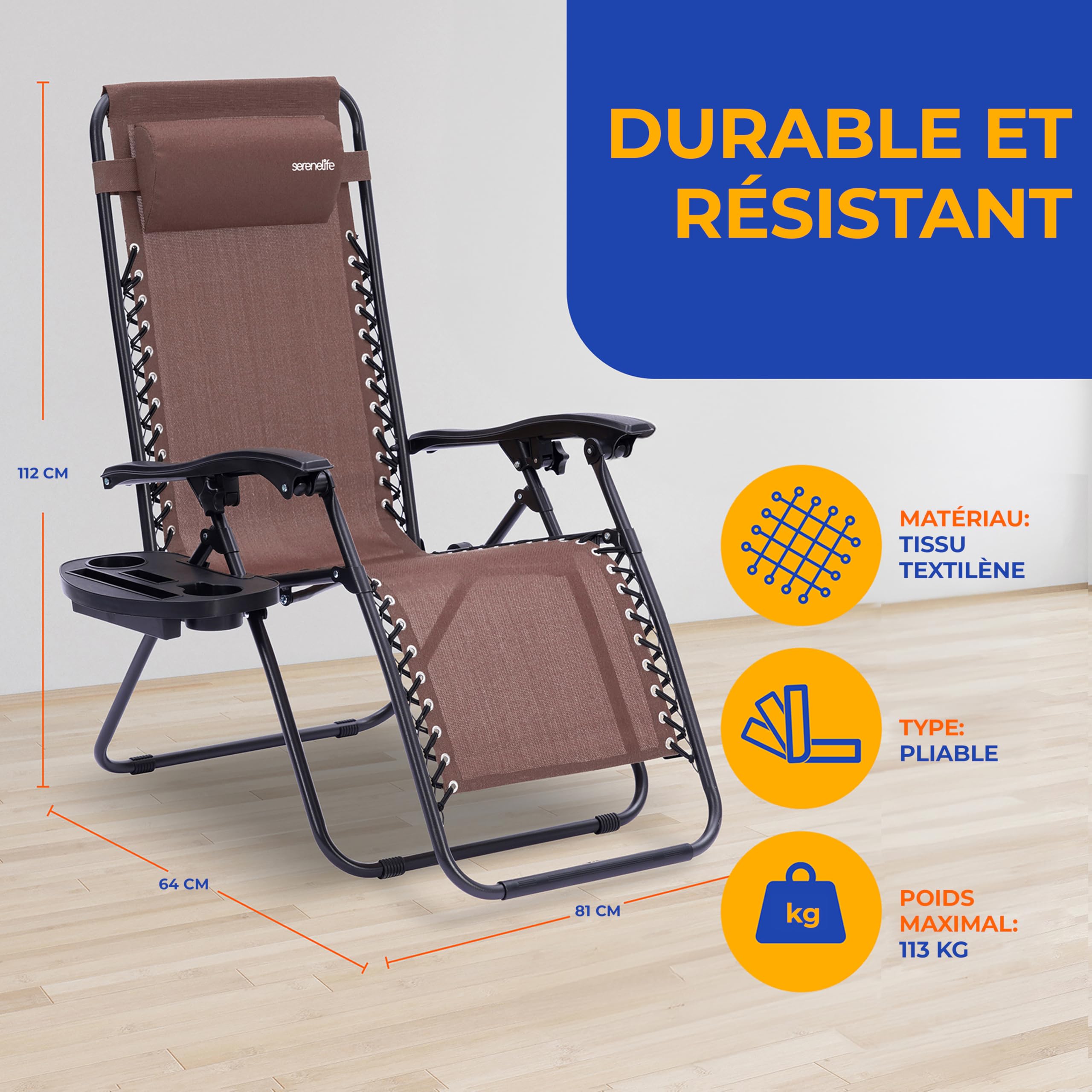 Serenelife Ensemble de 2 Chaises Pliantes - Chaise Longue Réglable pour Extérieur avec Table Latérale, Porte-Gobelets, Oreillers Amovibles - Patio, Jardin, Plage - Marron