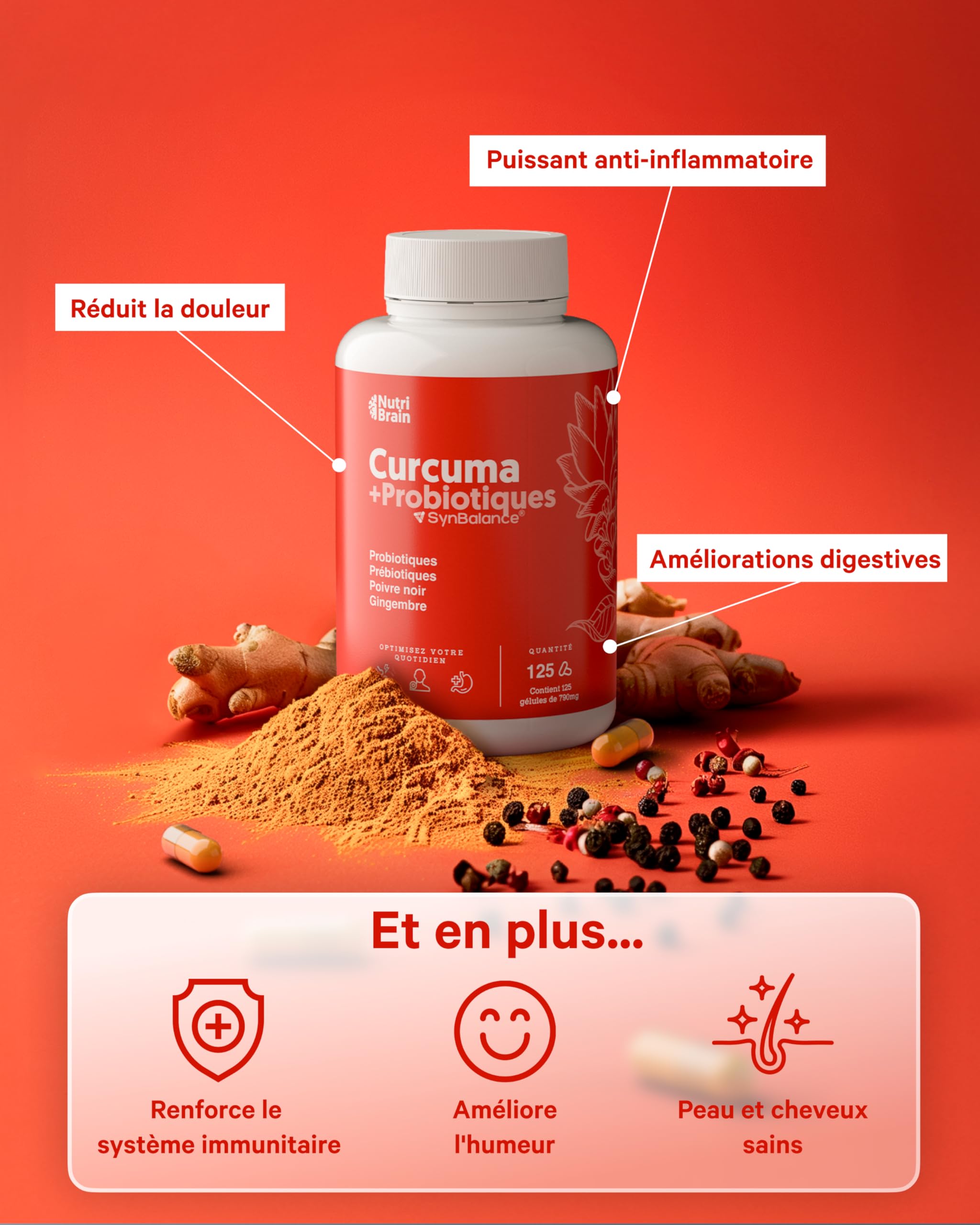 Curcuma avec PROBIOTIQUES et PRÉBIOTIQUES | Très Haute Concentration (>95%) | 10300 mg | Anti-inflammatoire pour le Bien-être Articulaire, Musculaire, Osseux et Digestif | 125 jours | 1 gélule/jour